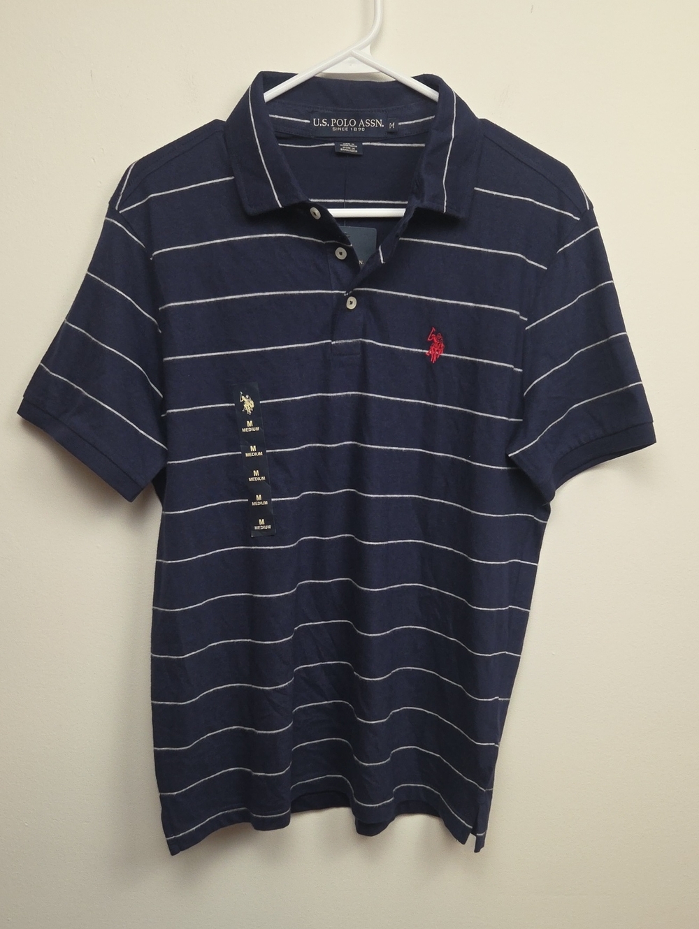 NWT U.S. Polo Assn. Navy & White Striped Preppy Casual Polo Shirt Cotton Medium
